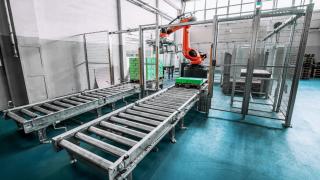 Conveyor system for pallets near a robot for palletizing