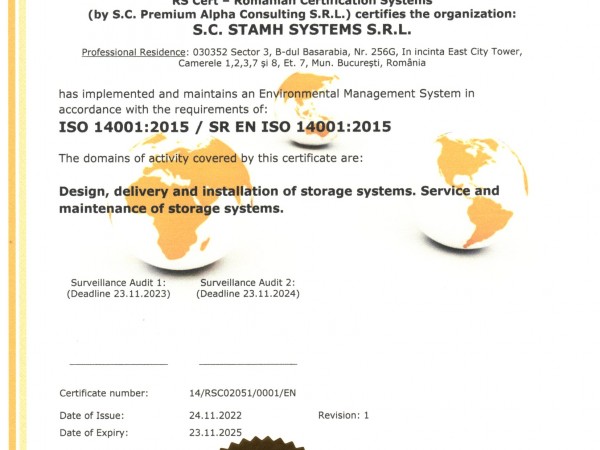 STAMH Systems Romania ISO 14001:2015 Certficates